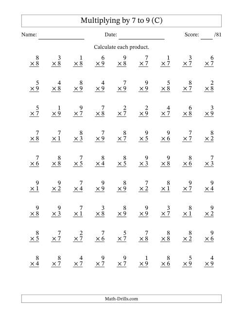The Multiplying (1 to 9) by 7 to 9 (81 Questions) (C) Math Worksheet