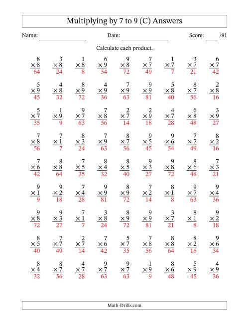 The Multiplying (1 to 9) by 7 to 9 (81 Questions) (C) Math Worksheet Page 2