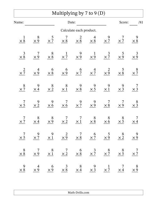 The Multiplying (1 to 9) by 7 to 9 (81 Questions) (D) Math Worksheet