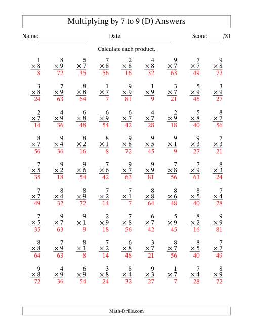 The Multiplying (1 to 9) by 7 to 9 (81 Questions) (D) Math Worksheet Page 2