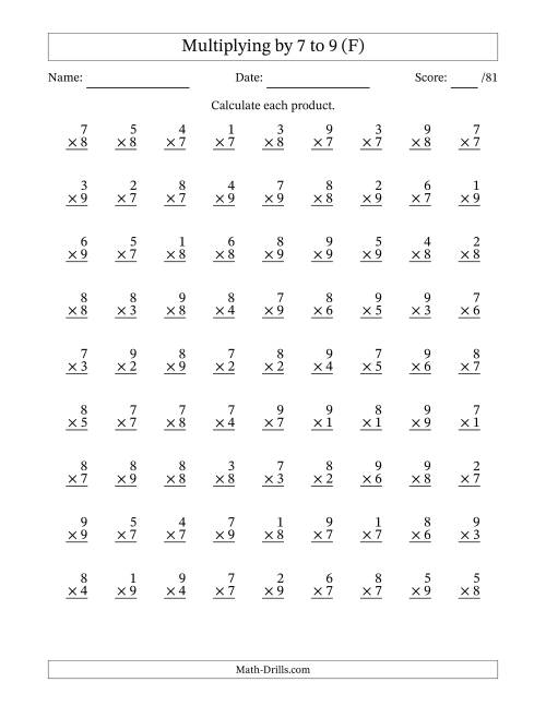 The Multiplying (1 to 9) by 7 to 9 (81 Questions) (F) Math Worksheet