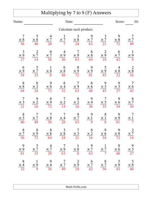 The Multiplying (1 to 9) by 7 to 9 (81 Questions) (F) Math Worksheet Page 2