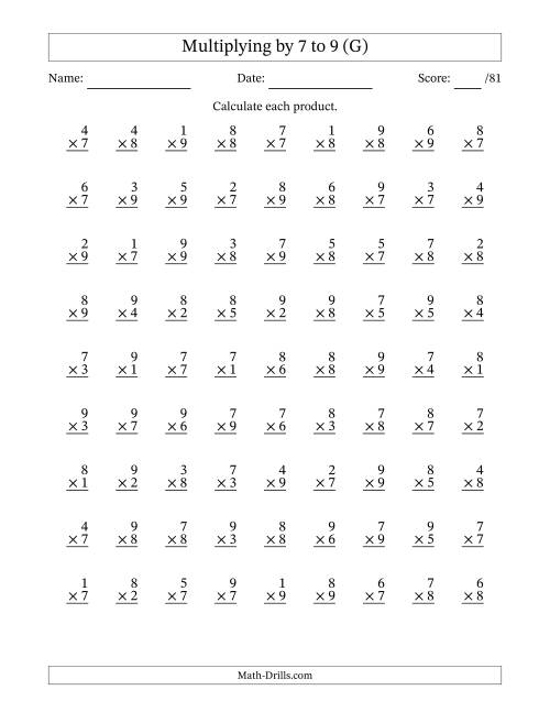 The Multiplying (1 to 9) by 7 to 9 (81 Questions) (G) Math Worksheet