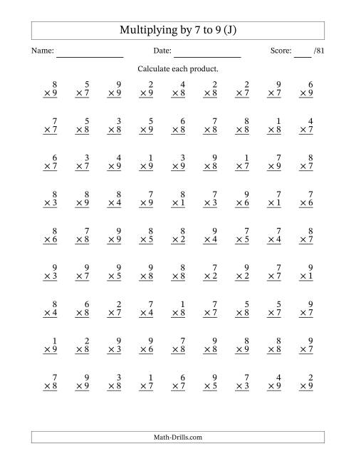 The Multiplying (1 to 9) by 7 to 9 (81 Questions) (J) Math Worksheet
