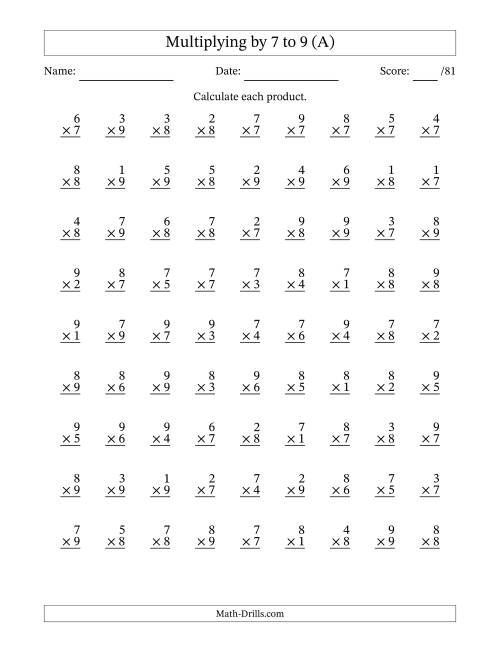 The Multiplying (1 to 9) by 7 to 9 (81 Questions) (All) Math Worksheet