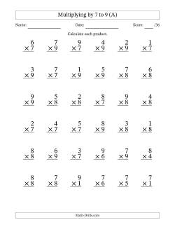 Multiplying (1 to 9) by 7 to 9 (36 Questions)