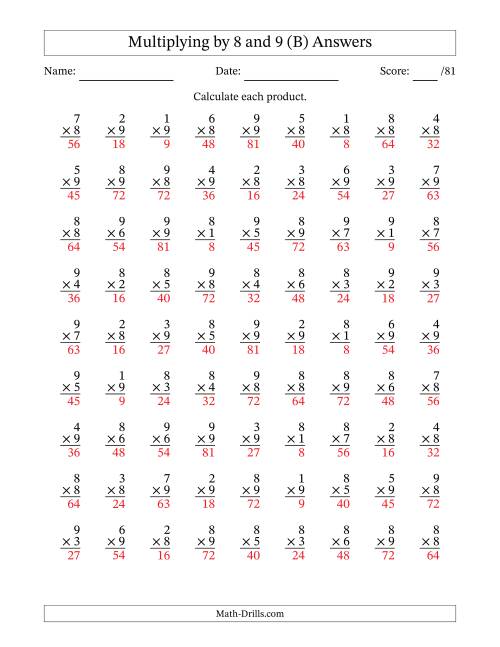 The Multiplying (1 to 9) by 8 and 9 (81 Questions) (B) Math Worksheet Page 2