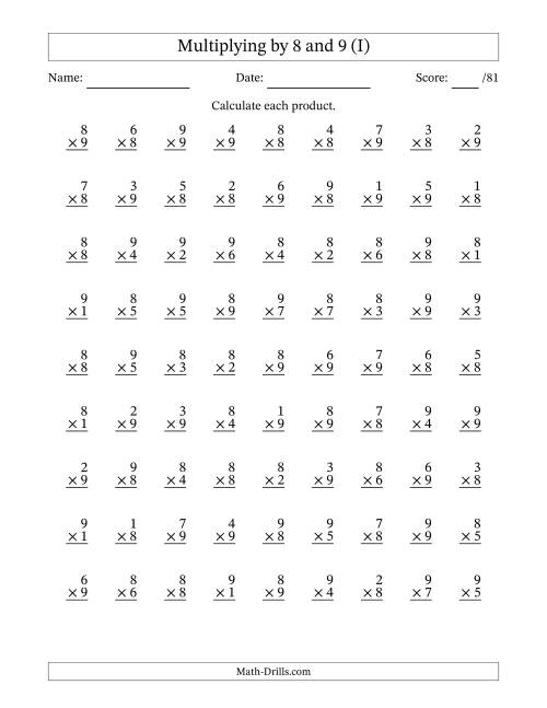 The Multiplying (1 to 9) by 8 and 9 (81 Questions) (I) Math Worksheet