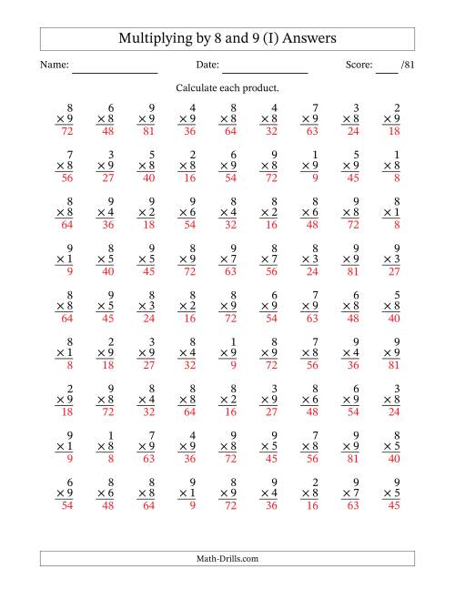 The Multiplying (1 to 9) by 8 and 9 (81 Questions) (I) Math Worksheet Page 2