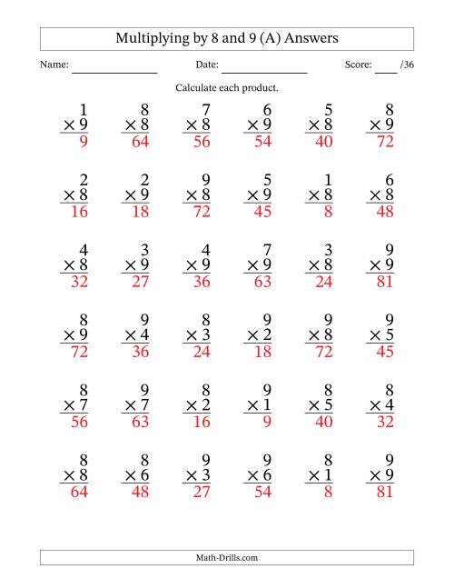 The Multiplying (1 to 9) by 8 and 9 (36 Questions) (A) Math Worksheet Page 2