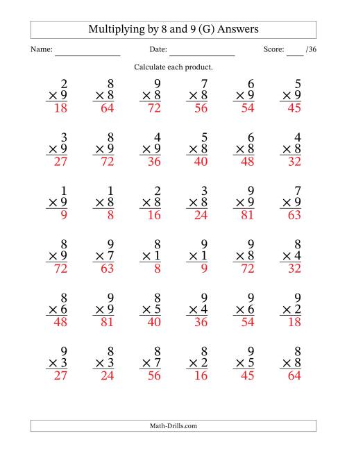 The Multiplying (1 to 9) by 8 and 9 (36 Questions) (G) Math Worksheet Page 2