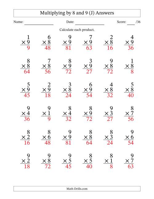 The Multiplying (1 to 9) by 8 and 9 (36 Questions) (J) Math Worksheet Page 2