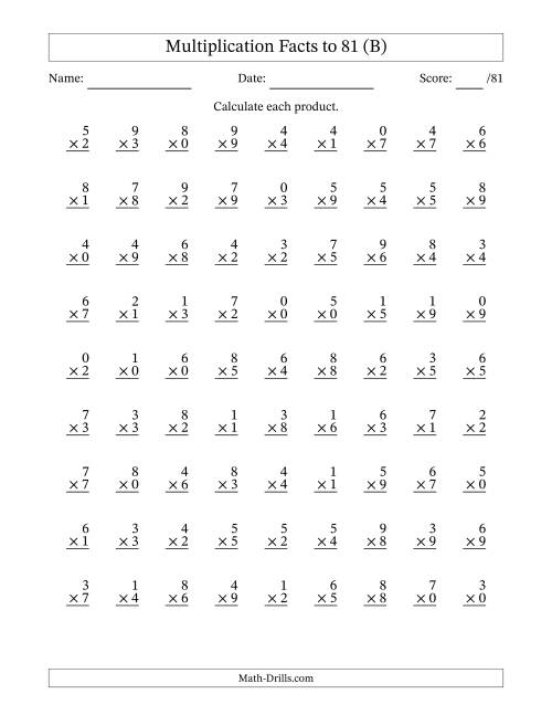The Multiplication Facts to 81 (81 Questions) (With Zeros) (B) Math Worksheet