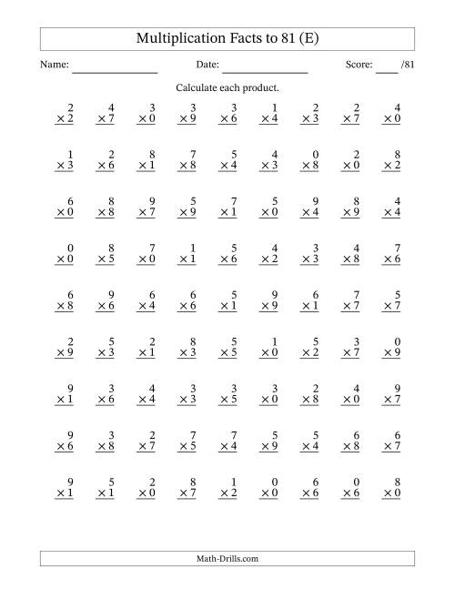 Multiplication Facts to 81 Including Zeros (E)
