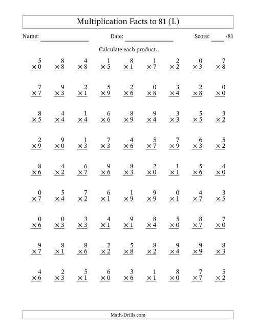 The Multiplication Facts to 81 (81 Questions) (With Zeros) (L) Math Worksheet