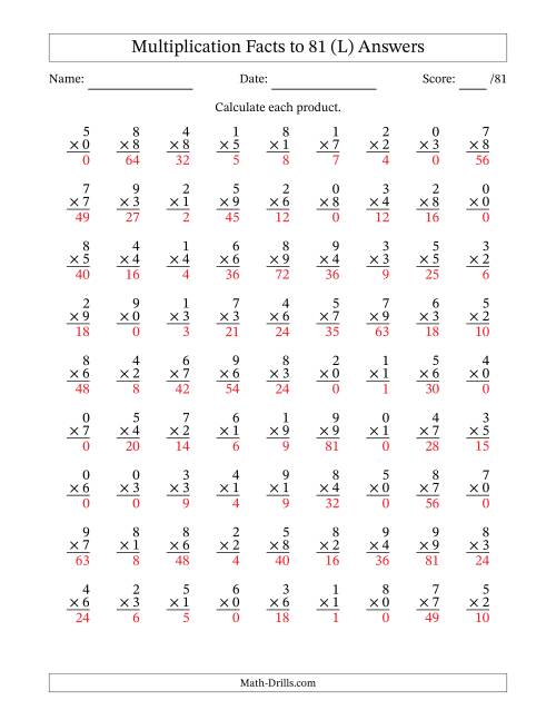 The Multiplication Facts to 81 (81 Questions) (With Zeros) (L) Math Worksheet Page 2