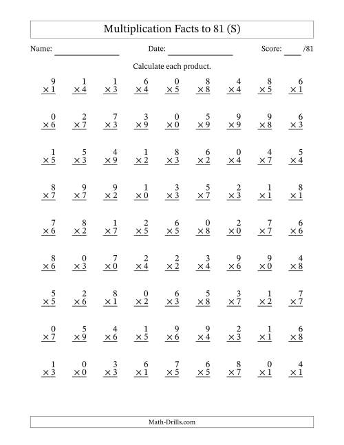 The Multiplication Facts to 81 (81 Questions) (With Zeros) (S) Math Worksheet