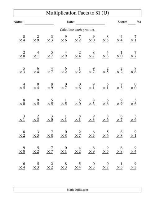 The Multiplication Facts to 81 (81 Questions) (With Zeros) (U) Math Worksheet