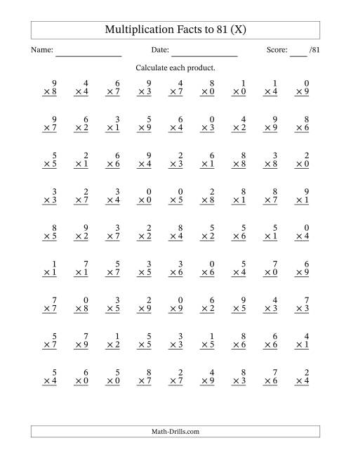 The Multiplication Facts to 81 (81 Questions) (With Zeros) (X) Math Worksheet