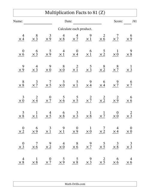 The Multiplication Facts to 81 (81 Questions) (With Zeros) (Z) Math Worksheet