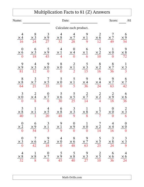 The Multiplication Facts to 81 (81 Questions) (With Zeros) (Z) Math Worksheet Page 2