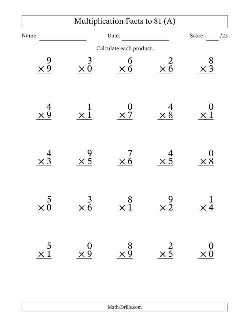 The Multiplication Facts to 81 (25 Questions) (With Zeros) (A) Math Worksheet