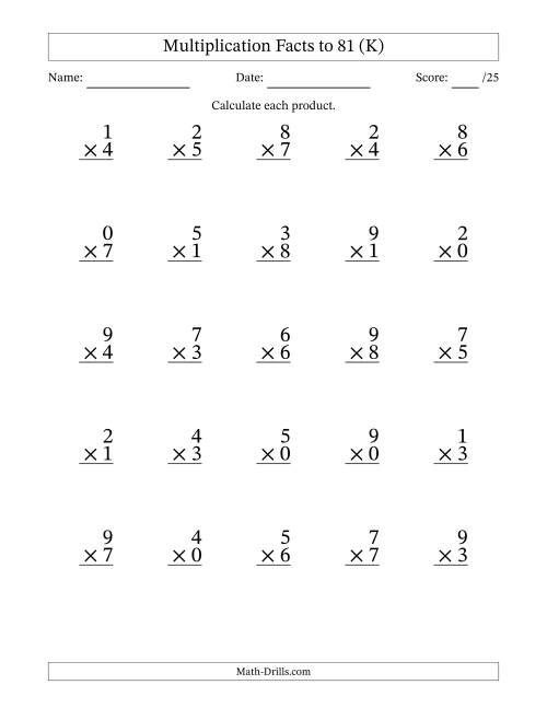 The Multiplication Facts to 81 (25 Questions) (With Zeros) (K) Math Worksheet