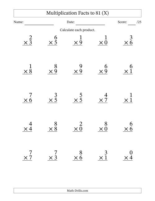 The Multiplication Facts to 81 (25 Questions) (With Zeros) (X) Math Worksheet