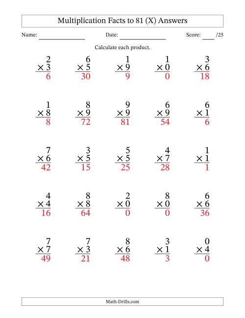 The Multiplication Facts to 81 (25 Questions) (With Zeros) (X) Math Worksheet Page 2