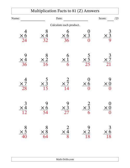 The Multiplication Facts to 81 (25 Questions) (With Zeros) (Z) Math Worksheet Page 2