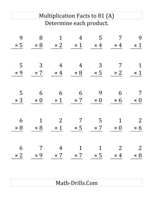 The Multiplication Facts to 81 Including Zeros (35 questions per page) (Large Print) Math Worksheet