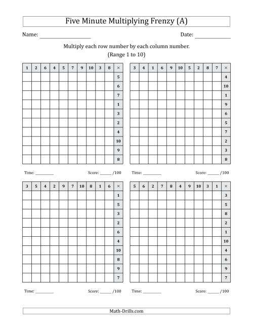 The Five Minute Multiplying Frenzy (Factor Range 1 to 10) (4 Charts) (Left-Handed) (A) Math Worksheet