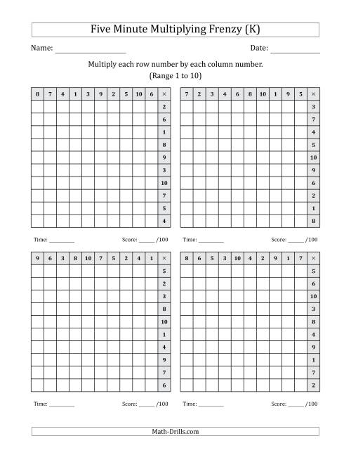 The Five Minute Multiplying Frenzy (Factor Range 1 to 10) (4 Charts) (Left-Handed) (K) Math Worksheet