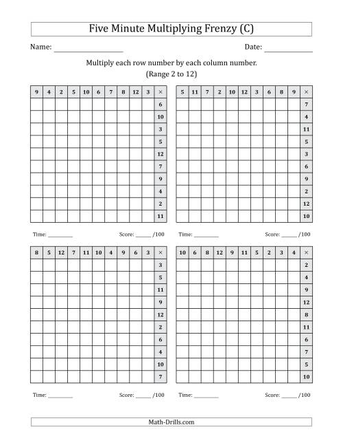 The Five Minute Multiplying Frenzy (Factor Range 2 to 12) (4 Charts) (Left-Handed) (C) Math Worksheet