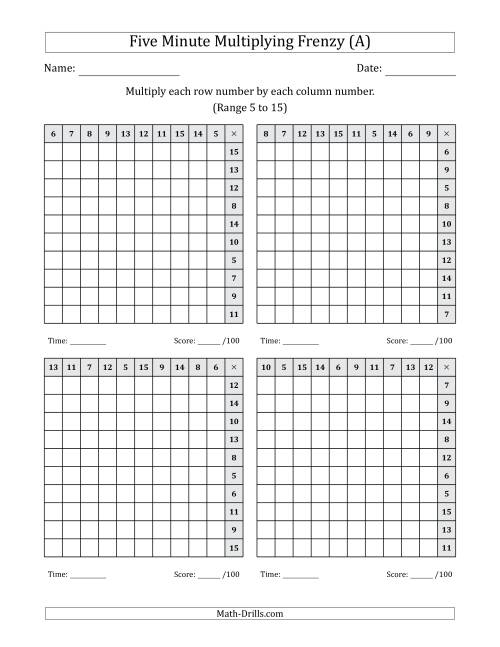 The Five Minute Multiplying Frenzy (Factor Range 5 to 15) (4 Charts) (Left-Handed) (A) Math Worksheet
