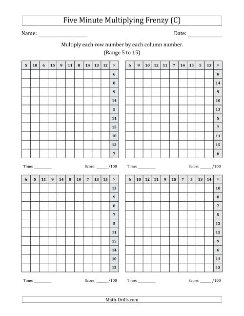 The Five Minute Multiplying Frenzy (Factor Range 5 to 15) (4 Charts) (Left-Handed) (C) Math Worksheet