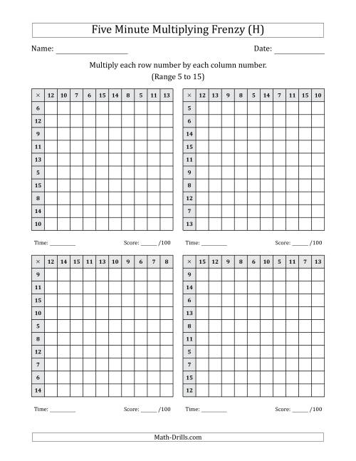 The Five Minute Multiplying Frenzy (Factor Range 5 to 15) (4 Charts) (H) Math Worksheet