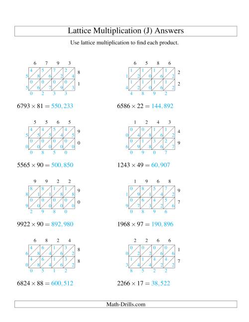 The Lattice Multiplication -- Four-digit by Two-digit (J) Math Worksheet Page 2
