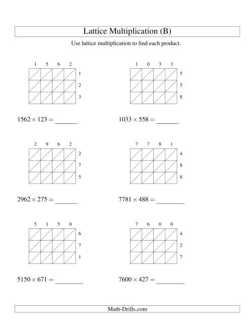 The Lattice Multiplication -- Four-digit by Three-digit (B) Math Worksheet