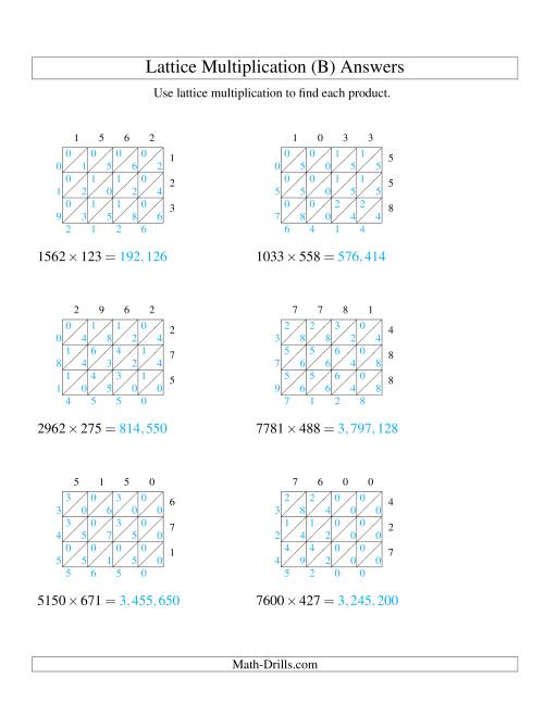 The Lattice Multiplication -- Four-digit by Three-digit (B) Math Worksheet Page 2