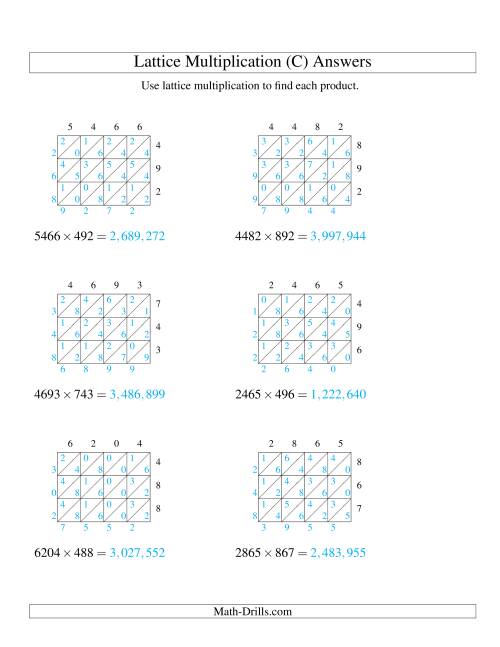 The Lattice Multiplication -- Four-digit by Three-digit (C) Math Worksheet Page 2