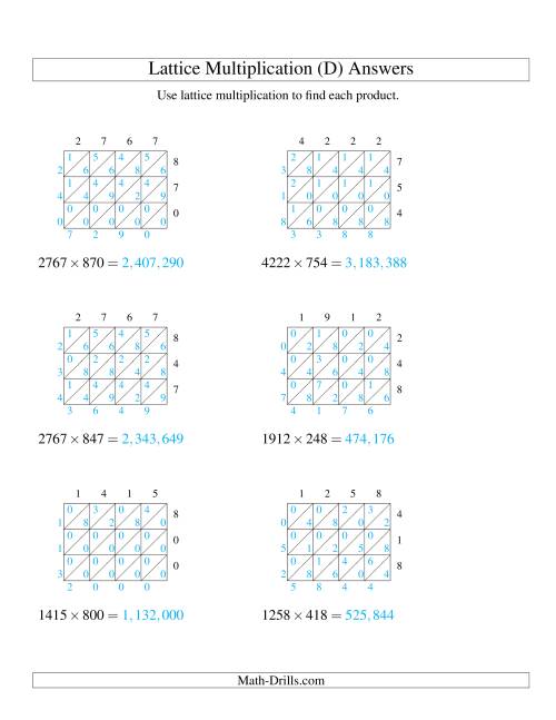 The Lattice Multiplication -- Four-digit by Three-digit (D) Math Worksheet Page 2