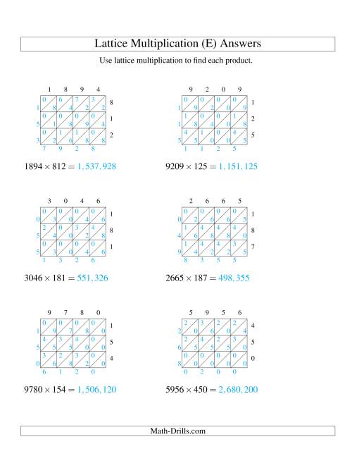 The Lattice Multiplication -- Four-digit by Three-digit (E) Math Worksheet Page 2