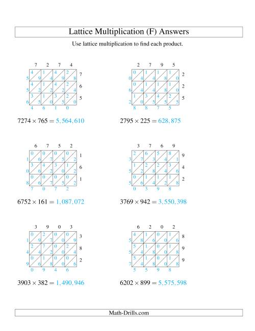 The Lattice Multiplication -- Four-digit by Three-digit (F) Math Worksheet Page 2