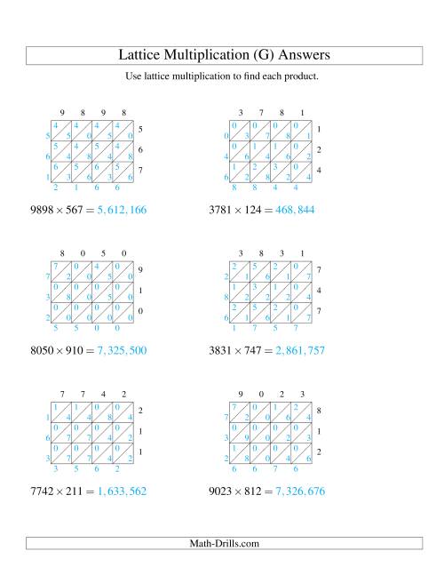 The Lattice Multiplication -- Four-digit by Three-digit (G) Math Worksheet Page 2
