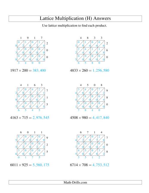 The Lattice Multiplication -- Four-digit by Three-digit (H) Math Worksheet Page 2