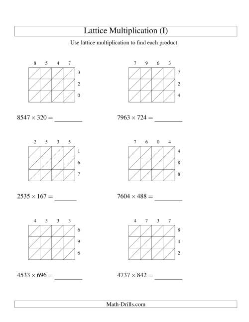 The Lattice Multiplication -- Four-digit by Three-digit (I) Math Worksheet