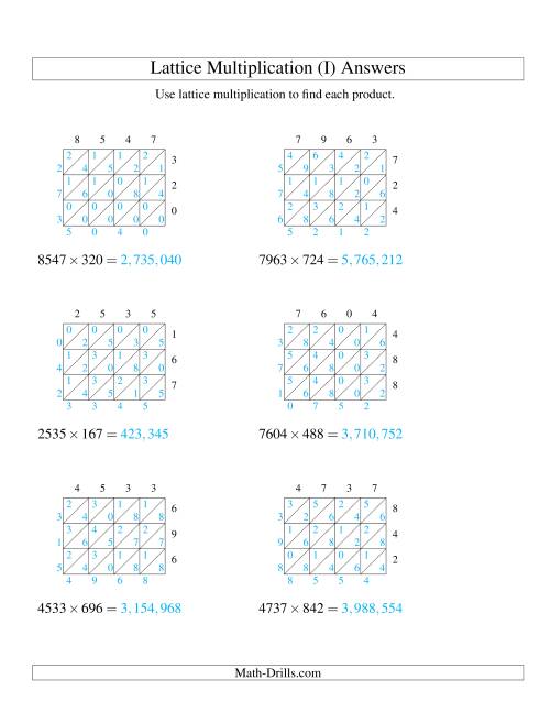 The Lattice Multiplication -- Four-digit by Three-digit (I) Math Worksheet Page 2