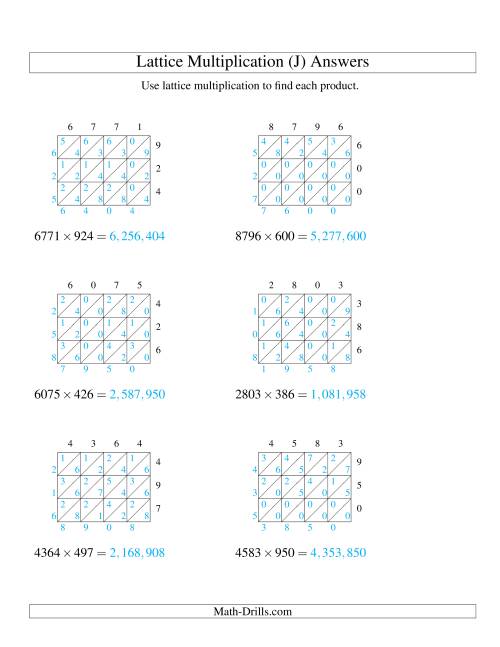 The Lattice Multiplication -- Four-digit by Three-digit (J) Math Worksheet Page 2