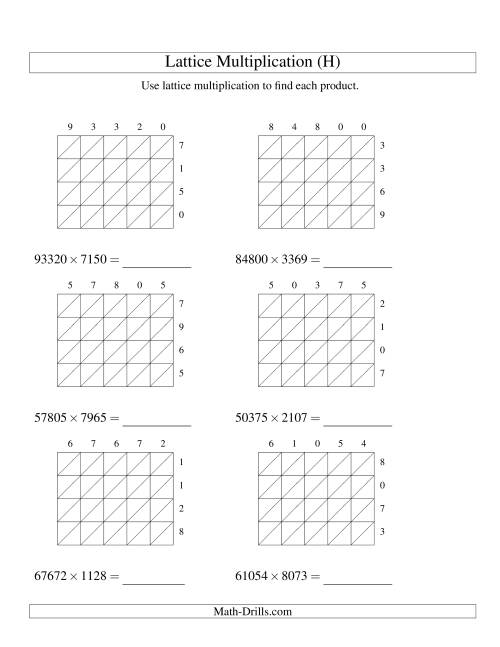 The Lattice Multiplication -- Five-digit by Four-digit (H) Math Worksheet